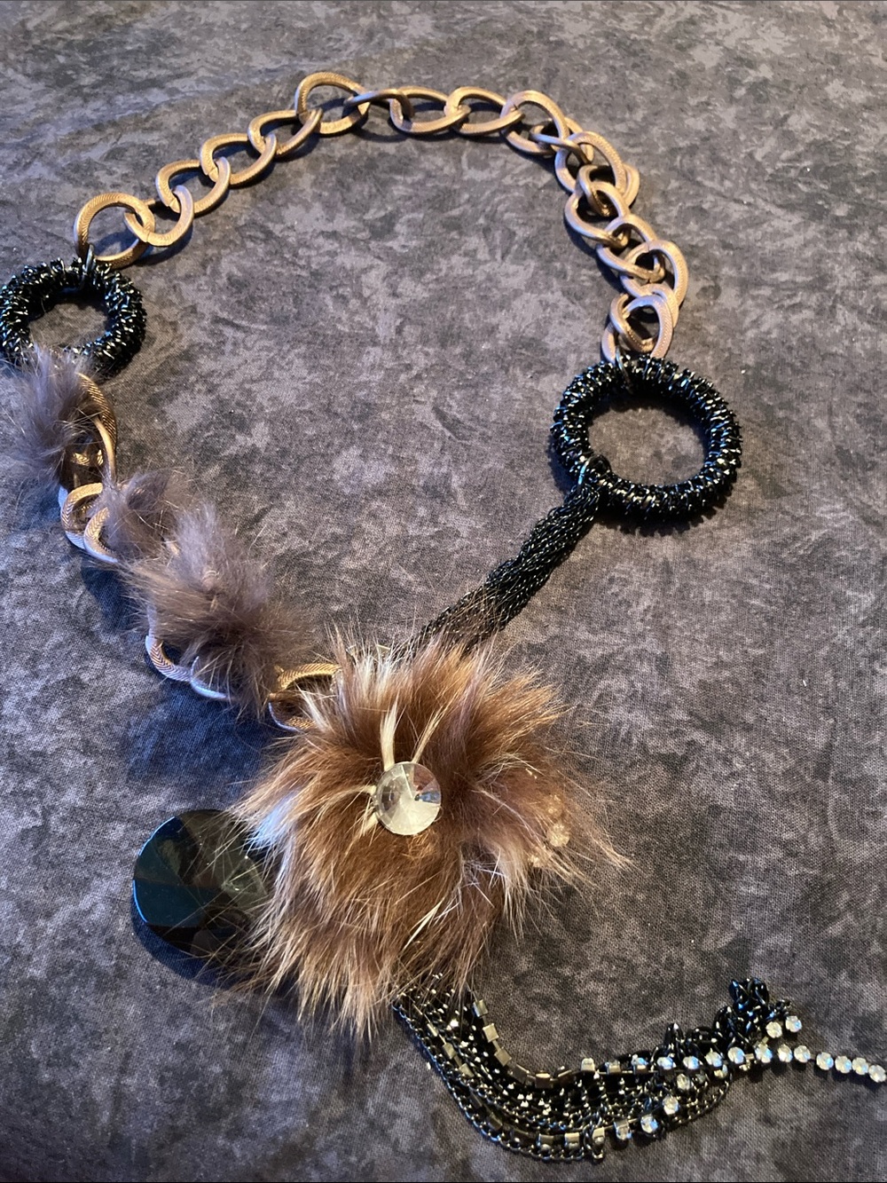 Awesome Boho Statement Brown Fur & Black Chain Women's Necklace